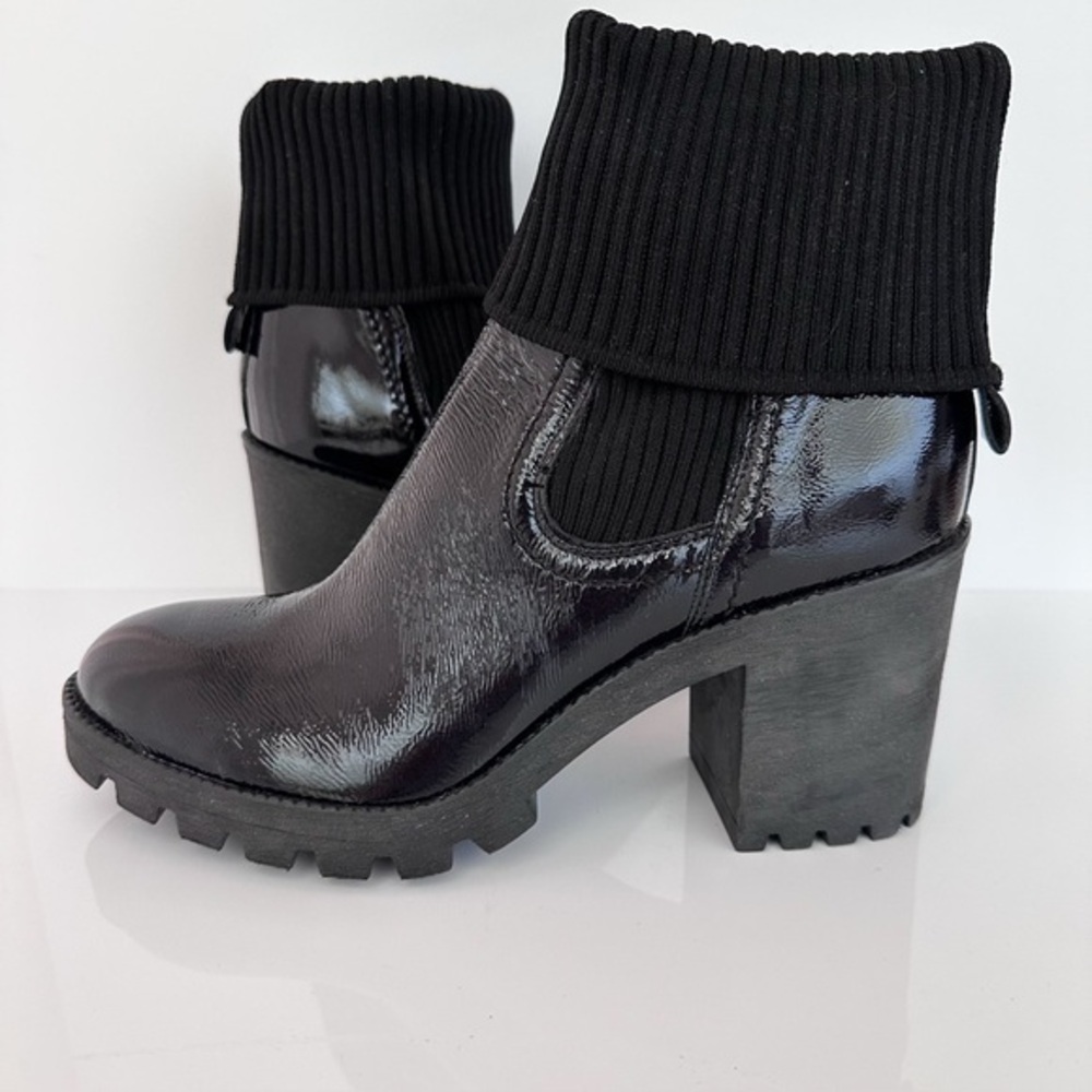 Barneys New York Black Leather Block Heel Ankle Boots With Ribbed Sweater Cuff